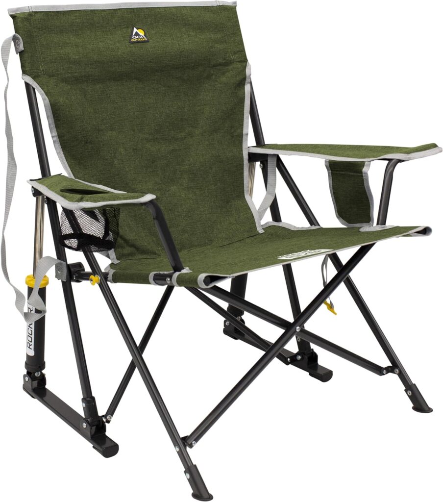 GCI OUTDOOR Kickback Rocker Camping Chair | Portable Folding Rocking Chair with Durable Armrests, Drink Holder & Relaxed Lowered Seat for Comfort — Loden Green