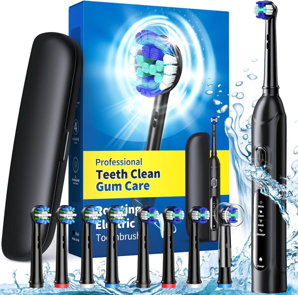 TEETHEORY Rotating Electric Toothbrush for Adults with 8 Brush Heads (2 Types), 4 Modes Deep Clean Electric Toothbrush with Rechargeable Power and 2 Min Smart Timer (1- Black, with travelcase)