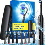 TEETHEORY Rotating Electric Toothbrush for Adults with 8 Brush Heads (2 Types), 4 Modes Deep Clean Electric Toothbrush with Rechargeable Power and 2 Min Smart Timer (1- Black, with travelcase)
