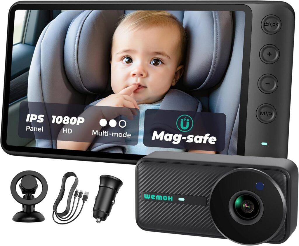 NO.1 Magnetic Baby Car Camera, 5” 1080P IPS Magnetic Mount Monitor, Auto Night Vision, 360° Rotation Car Camera for Baby with Zoom & Mirror Mode, USB-Powered Baby Monitor for Rear Facing