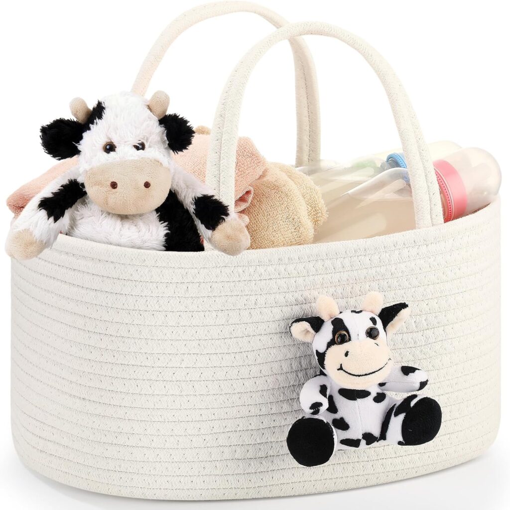 Cow Diaper Caddy Organizer, Nursery Storage Bin Basket, Changing Table Organizer for Baby Diaper Storage, Gift Basket for Baby Shower List or Newborn Essentials(L)