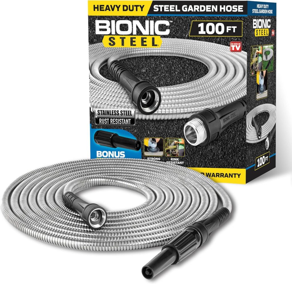 BIONIC STEEL 100 Ft Metal Garden Hose with Sprayer Nozzle, Non Kinking Designed Stainless Steel Heavy Duty Water Hose 100 Ft x 5/8 in. Flexible NON Expandable for Uninterrupted Water Flow, 500 PSI