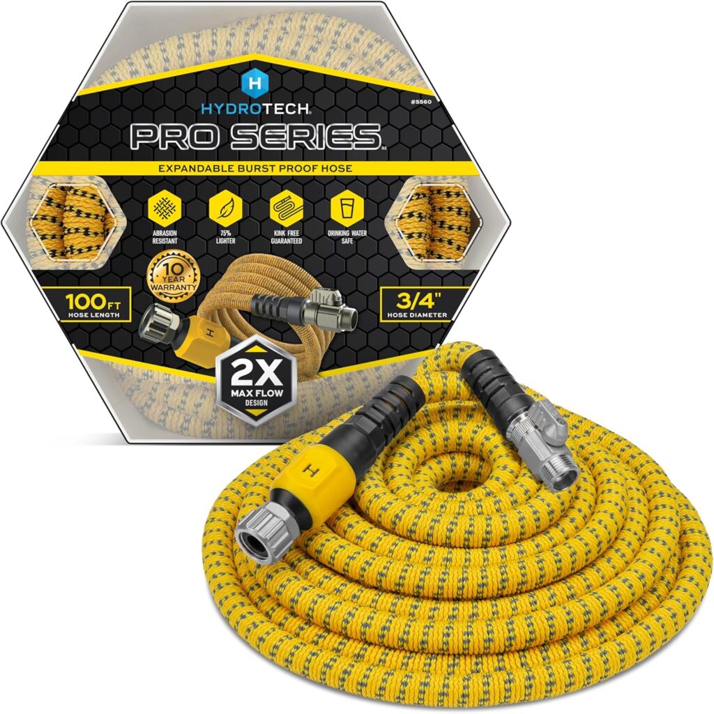 HydroTech 100 ft Expandable Garden Hose – Pro Series, 2x Max Flow, 3/4″ No-Kink Flexibility, Lightweight Hose for Lawn, Garden, Car Washing, Deck and Patio Cleaning
