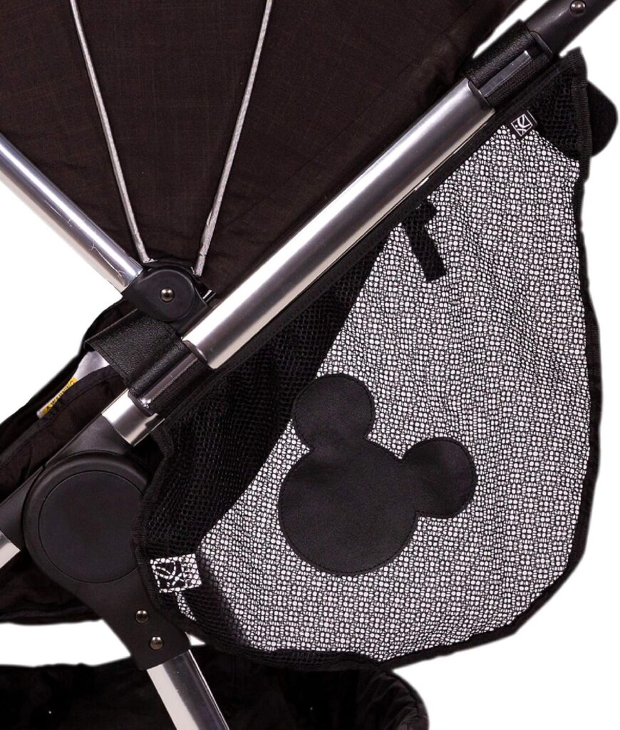 J.L. Childress Disney Baby Side Sling Stroller Cargo Net – Stroller Organizer Attachment for Storage, Mesh Bag for Baby Accessories, Universal Fit – Mickey, Black