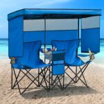 Double Beach Chair with Canopy Shade Heavy Duty Camping Chairs with Cup Holder Folding Loveseat for Outside Lawn