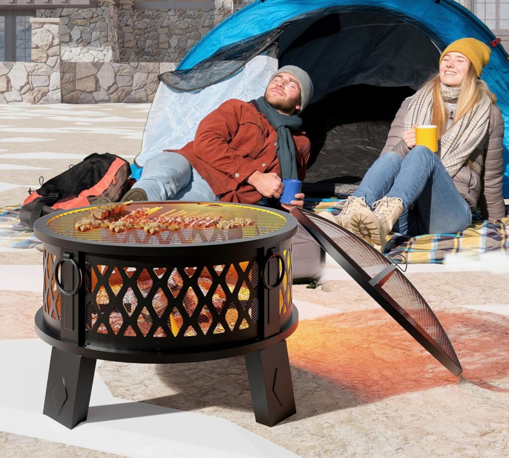 Fire Beauty 26″ Steel Fire Pit with Grill & Diamond Mesh Design,360° Airflow Tech for 80% Less Smoke,XL Flames,Heavy-Duty Portable Outdoor Fire Bowl for Camping, Backyard, Beach (22lbs, 4 Handles)