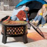 Fire Beauty 26″ Steel Fire Pit with Grill & Diamond Mesh Design,360° Airflow Tech for 80% Less Smoke,XL Flames,Heavy-Duty Portable Outdoor Fire Bowl for Camping, Backyard, Beach (22lbs, 4 Handles)