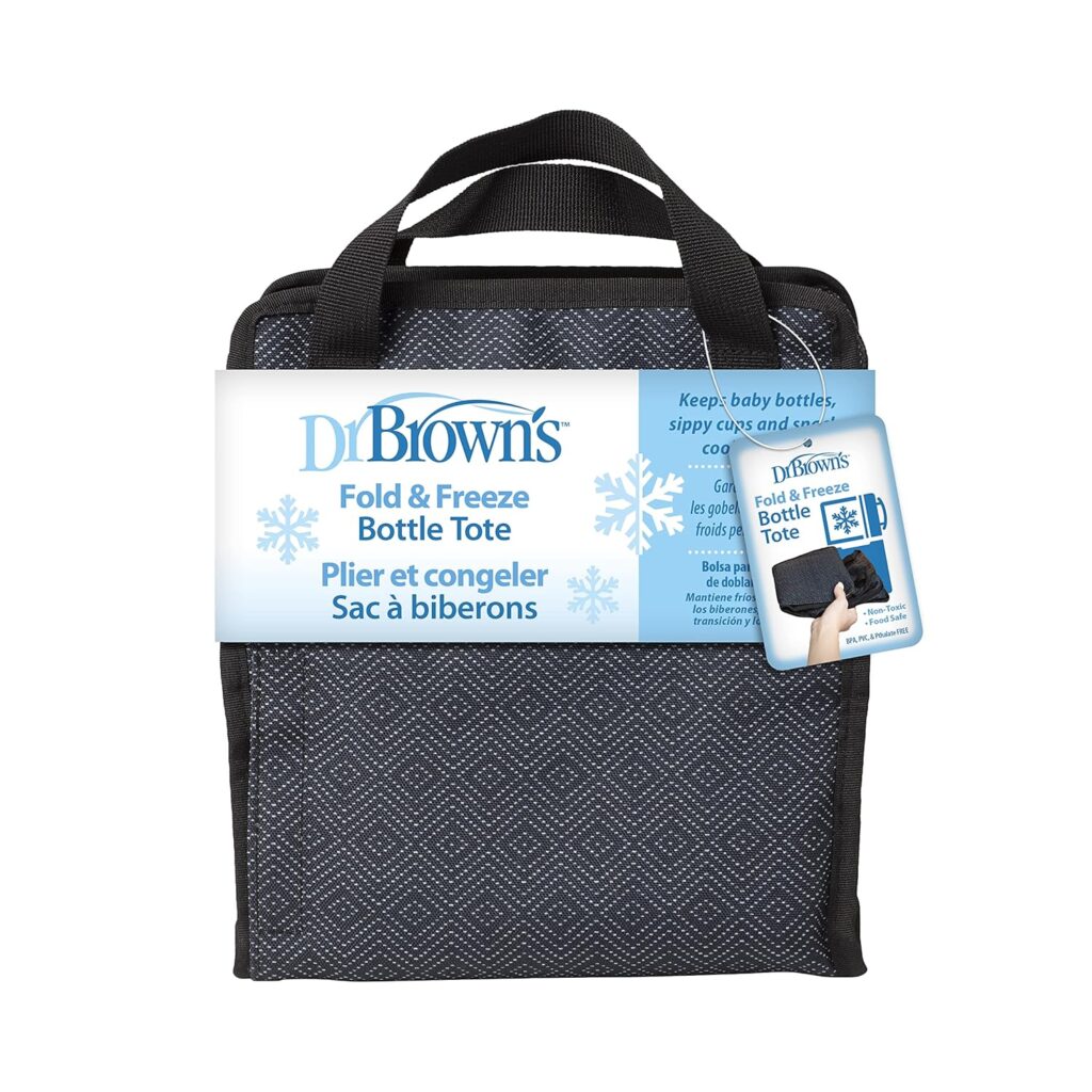 Dr. Brown’s Fold & Freeze Bottle Tote, Travel Baby Bottle Insulated Cooler Bag, Store Up to 6 Baby Bottles, Black, BPA Free