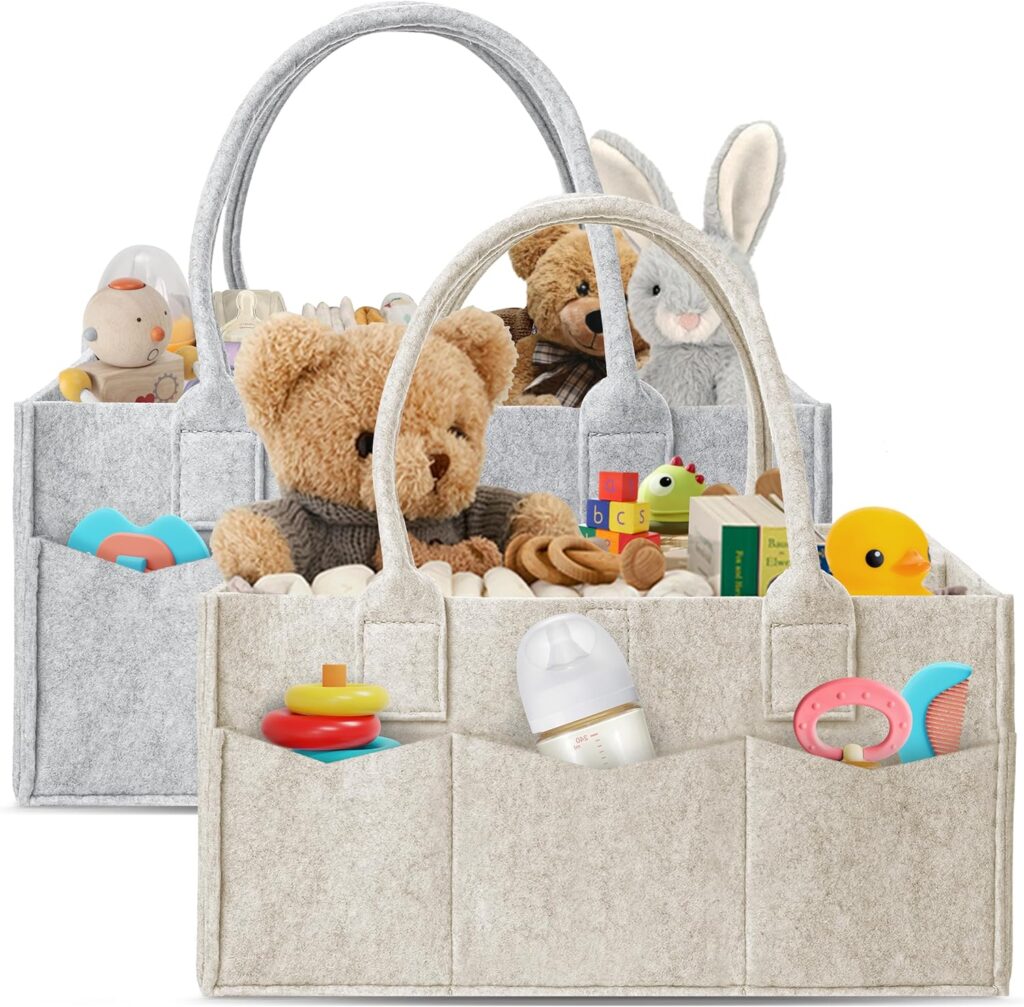 HIPHOP PANDA 2-Pack Diaper Caddy Organizer – Nursery Storage Bin & Car Organizer for Diapers, Wipes, and Baby Essentials – Dual-Color Solid Set (Grey/Oatmeal), Regular Size