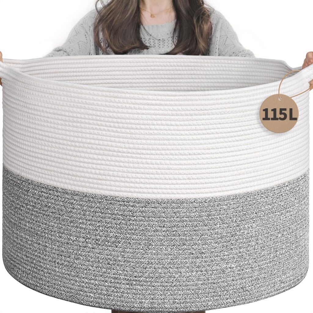 INDRESSME 115L Extra Large Blanket Basket, Soft Cotton Rope Storage Basket for Organizing, Home Decor, Toys, Laundry & Towels, Toy Storage Organizer for Living Room & Nursery, Light Grey