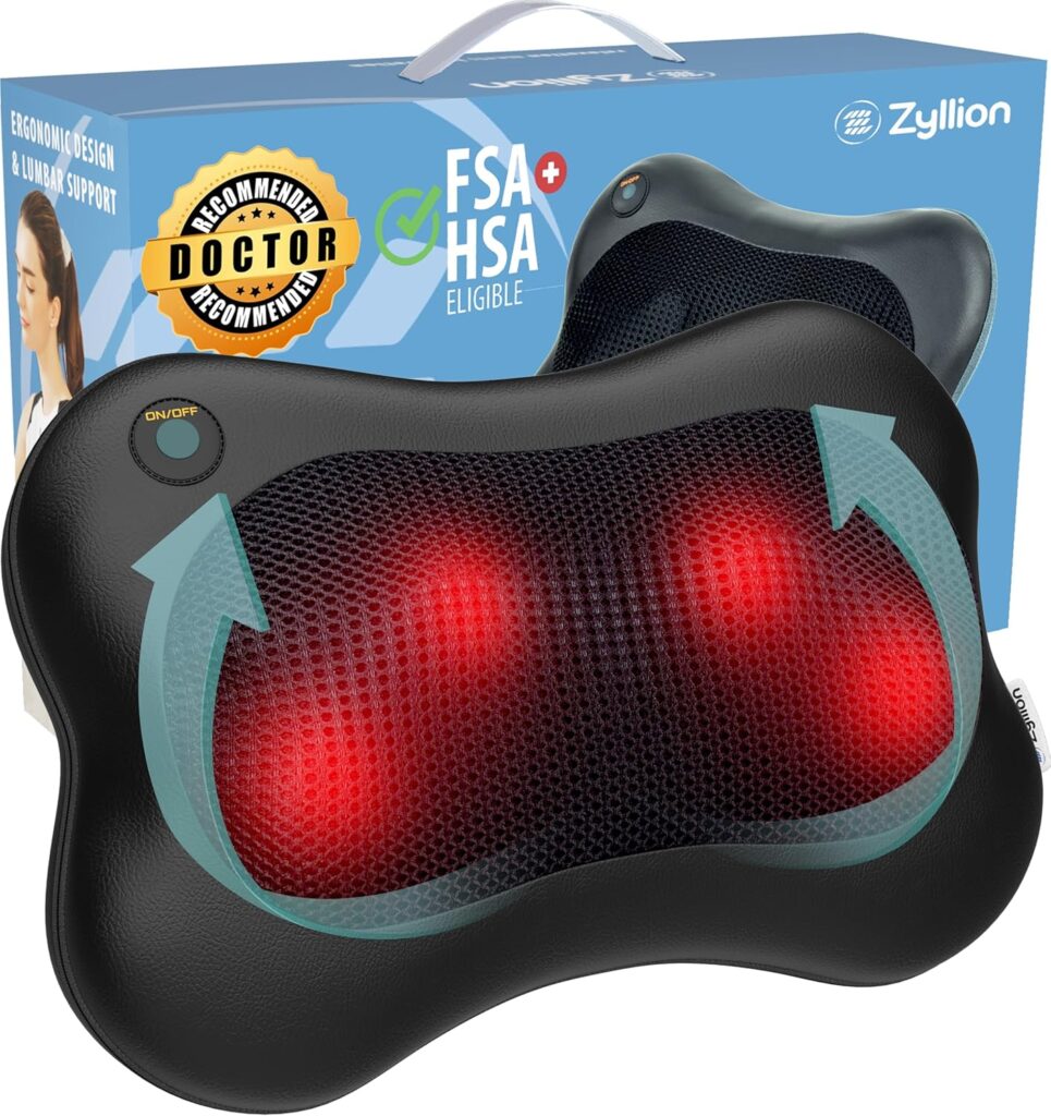 Zyllion Shiatsu Back and Neck Massager with Heat – 3D Electric Kneading Deep Tissue Massage Pillow for Muscle Pain Relief, Black, ZMA-13