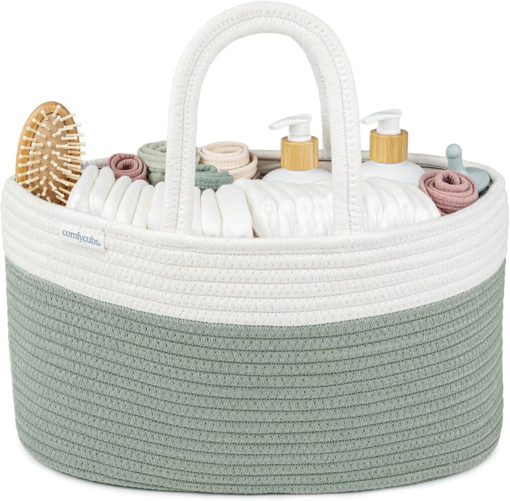 Comfy Cubs Rope Diaper Caddy Organizer 8.5″ x 15″ x 8″ – Large Baby Diaper Basket with 3 Spacious Compartments – Stylish Cotton Baby Caddy Organizer for Diapers, Wipes & Essentials – Sage