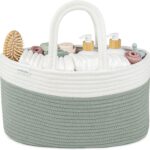 Comfy Cubs Rope Diaper Caddy Organizer 8.5″ x 15″ x 8″ – Large Baby Diaper Basket with 3 Spacious Compartments – Stylish Cotton Baby Caddy Organizer for Diapers, Wipes & Essentials – Sage