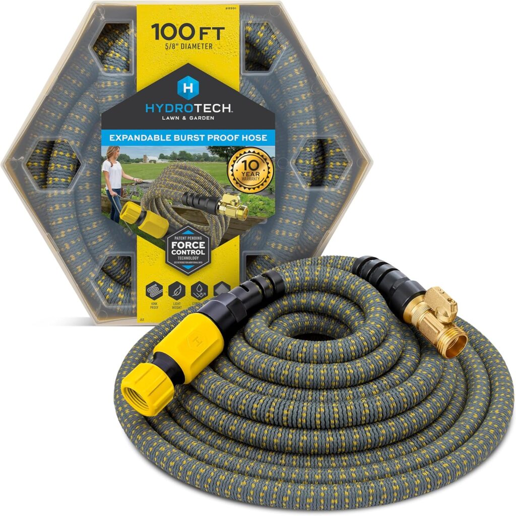 HydroTech 100 ft Expandable Garden Hose with Patented Force Control Technology – 5/8″ No-Kink Flexibility, Lightweight Hose for Lawn, Garden, Car Washing, Deck and Patio Cleaning