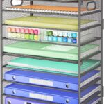 SUBEKYU 9 Tier Paper Organizer for Desk – Gray Metal Mesh Letter Tray File Paper Sorter Organizer Include 6 Pcs Adjustable Height Slid Tray with Handles for Office School Home Organization Storage