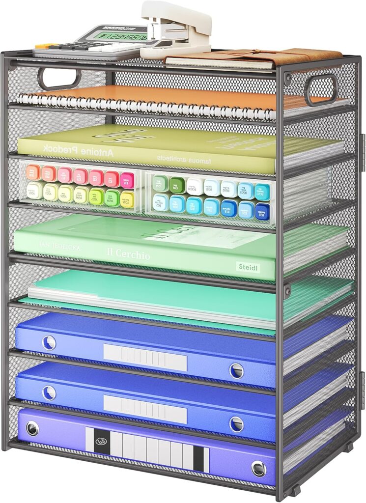 SUBEKYU 9 Tier Paper Organizer for Desk – Gray Metal Mesh Letter Tray File Paper Sorter Organizer Include 6 Pcs Adjustable Height Slid Tray with Handles for Office School Home Organization Storage