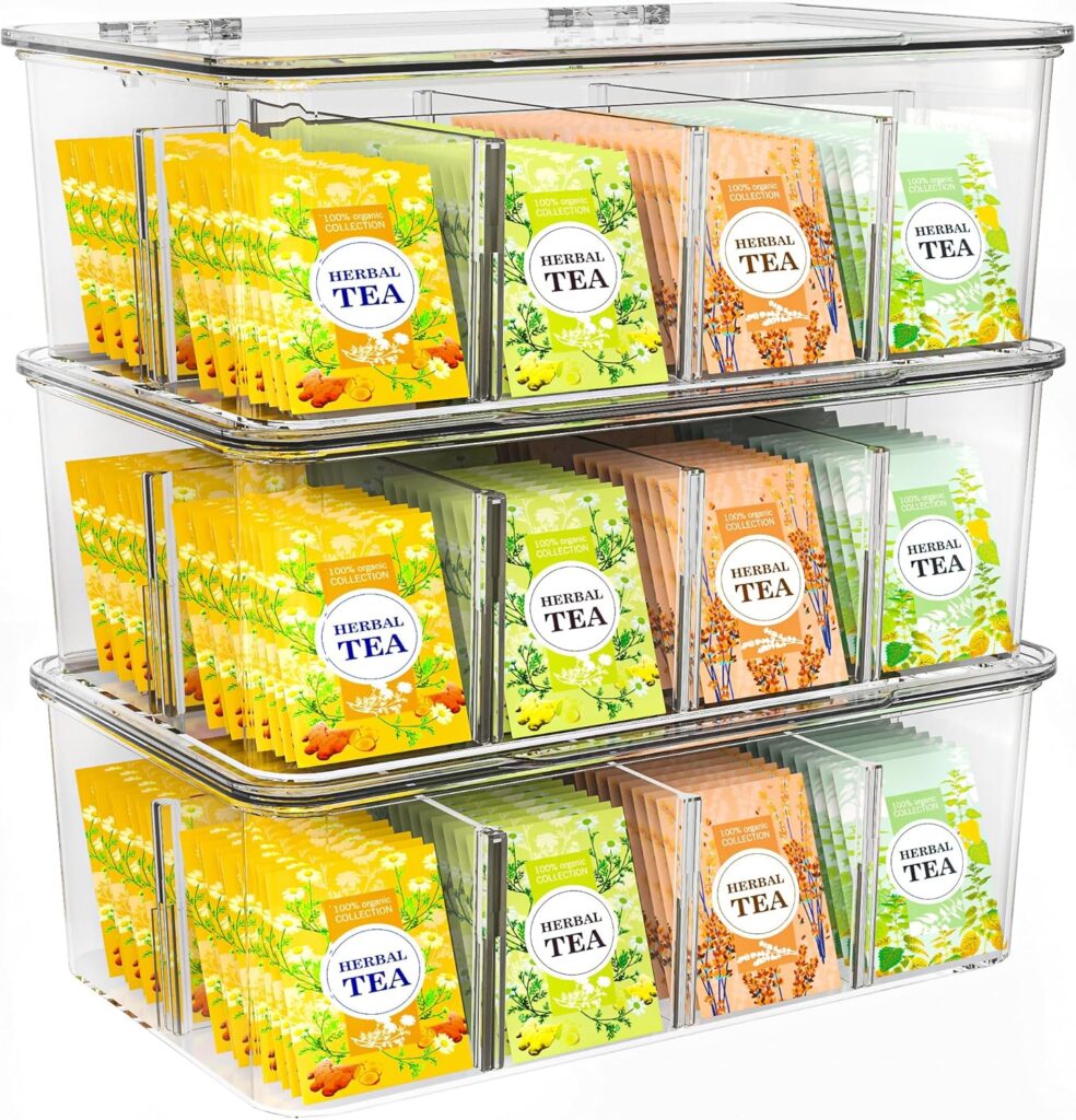 Utopia Home – Tea Bag Organizer With Lids, Clear Pantry Storage Box – (3 Pack) Stackable Partition Organizers or Holder With Lids For Drawers, Countertops, Fridge, Kitchen, Snack & Spice Organization