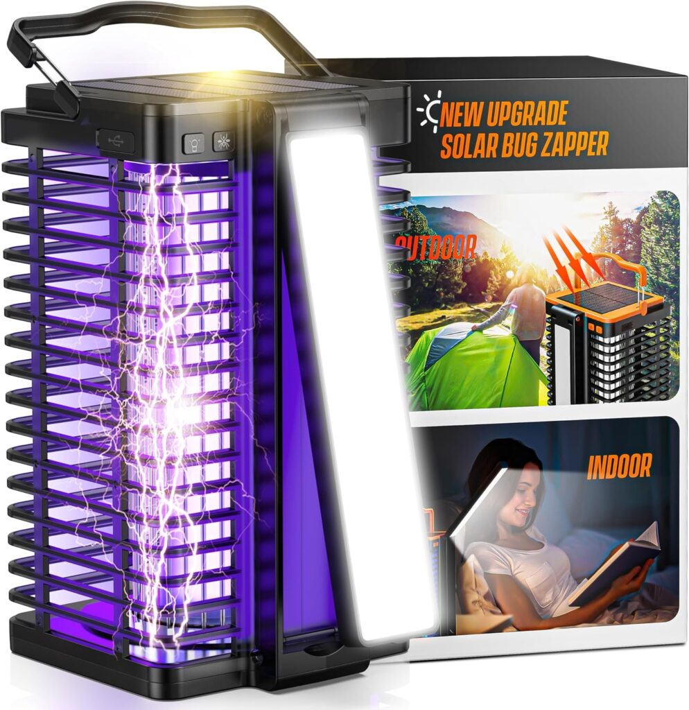 Solar Bug Zapper Outdoor& Indoor, 4200V Mosquito Zapper with Reading Lamp, Cordless & Rechargeable Electric Fly Zapper, 2-in-1 Waterproof Mosquito Repellent Outdoor Patio for Home, Patio,Backyard