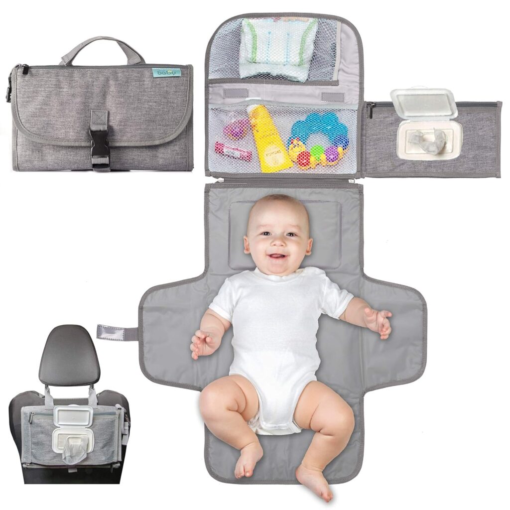 Kopi Baby Portable Diaper Changing Pad – Baby Diaper Changer Travel Bag with Wipes Pocket, Smart Design Portable Changing Mat, Infant Travel Station Kit, Gift for Newborn Girl & Boy – Grey, Classic