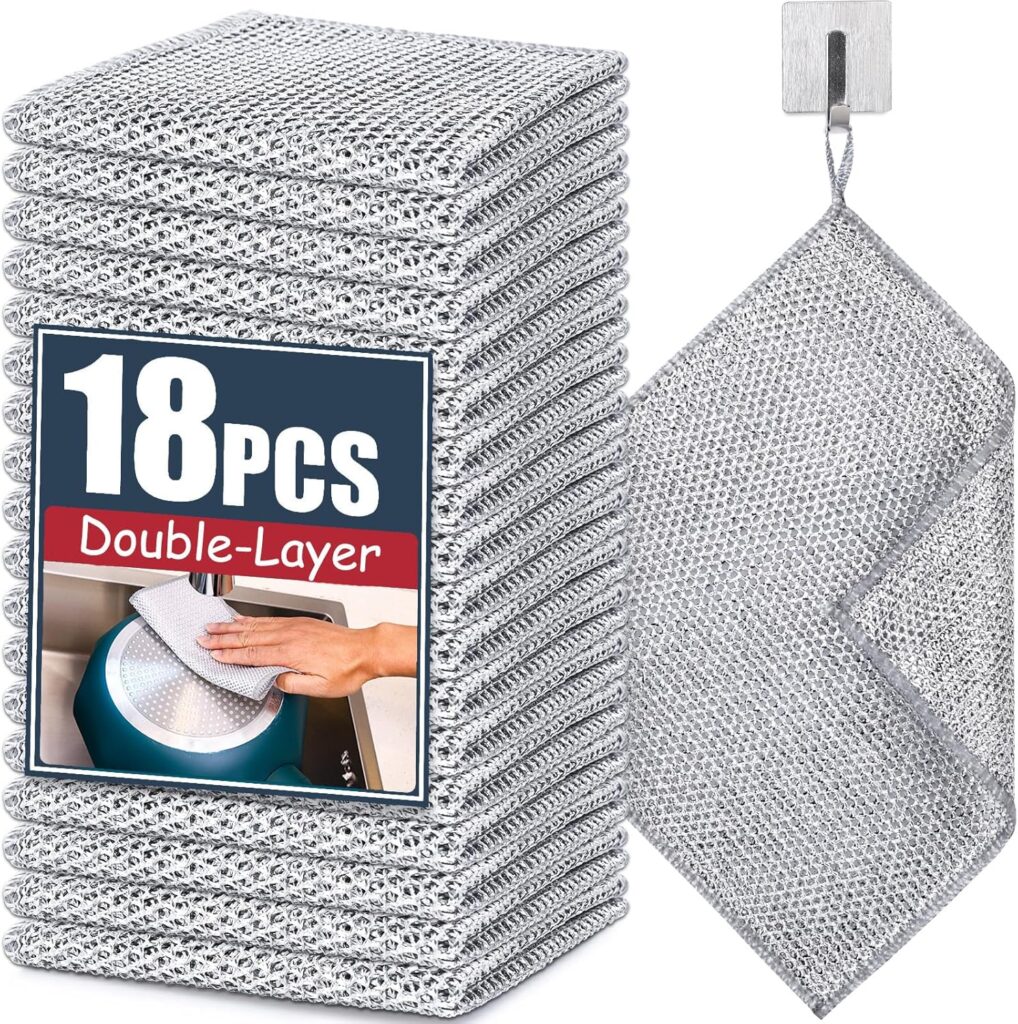 Navona 18 Pcs New Upgrade Steel Wire Dishcloth,Double-Layer Steel Wire Cleaning Cloth,Powerful Cleaning Non-Scratch Wire Dishcloth Rag for Cookware, Sinks, Dishes, Stove Tops, Small