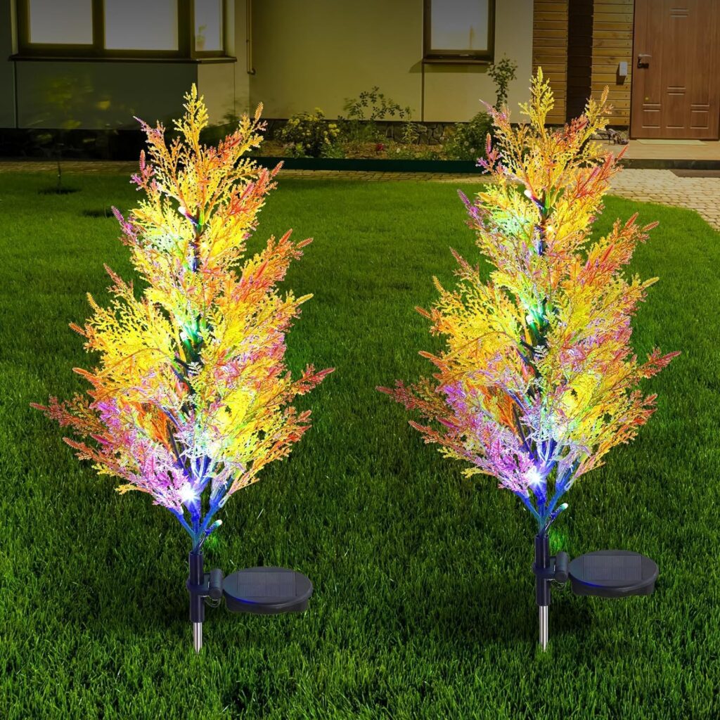 Solar Garden Lights Outdoor, 2 Pack Solar Flower Lights with Realistic 36 Lush Cypress Leaves, 12H Auto On/Off, Multi-Color Changing Light Waterproof for Garden Yard Decoration