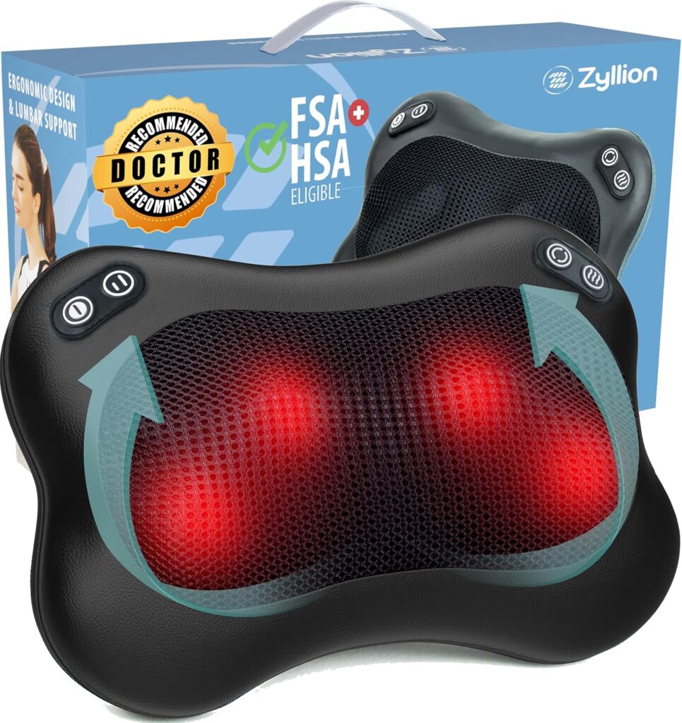 Zyllion Shiatsu Back and Neck Massager with Heat – 3D Electric Kneading Deep Tissue Massage Pillow with 2 Speeds for Muscle Pain Relief, Black, ZMA-34