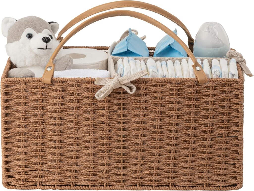 HBlife Baby Diaper Caddy Organizer, Paper Rope Storage Baskets Nursery Bin with Removable Divider, Portable Car Organizer for Diapers, Baby Shower Gifts, Newborn Essentials Must Haves