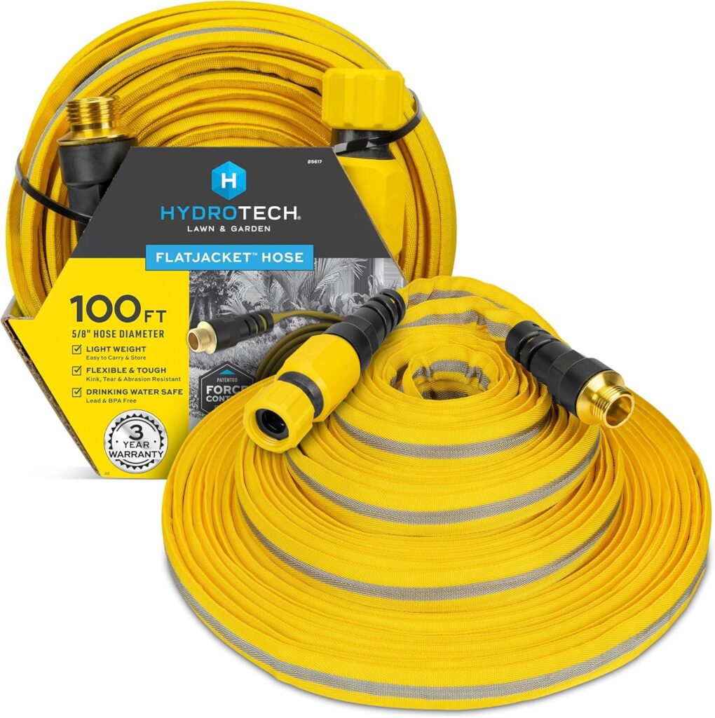 HydroTech FLATJACKET 5/8″ 100 ft Garden Hose with Patented Force Control Technology – Flexible, Kink-Free, Lightweight Hose for Lawn, Garden, Car Washing, Deck and Patio Cleaning