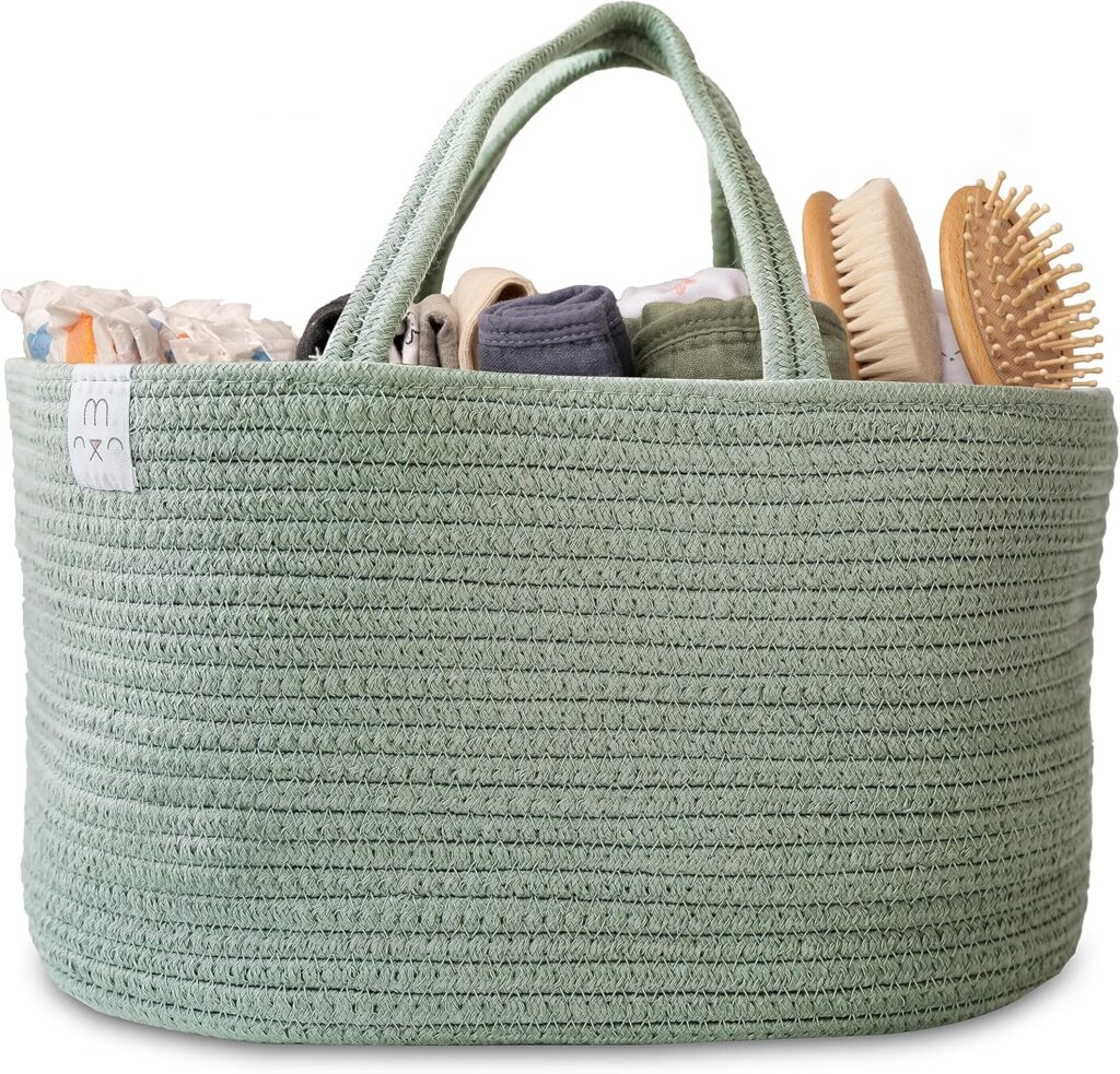 Natemia Diaper Caddy Organizer (Lily Pad) – Portable Rope Handles & 3 Compartments for Baby Items – Storage Basket for Newborn Essentials – Fits Spectra Breast Pump & Accessories – Registry Must Have