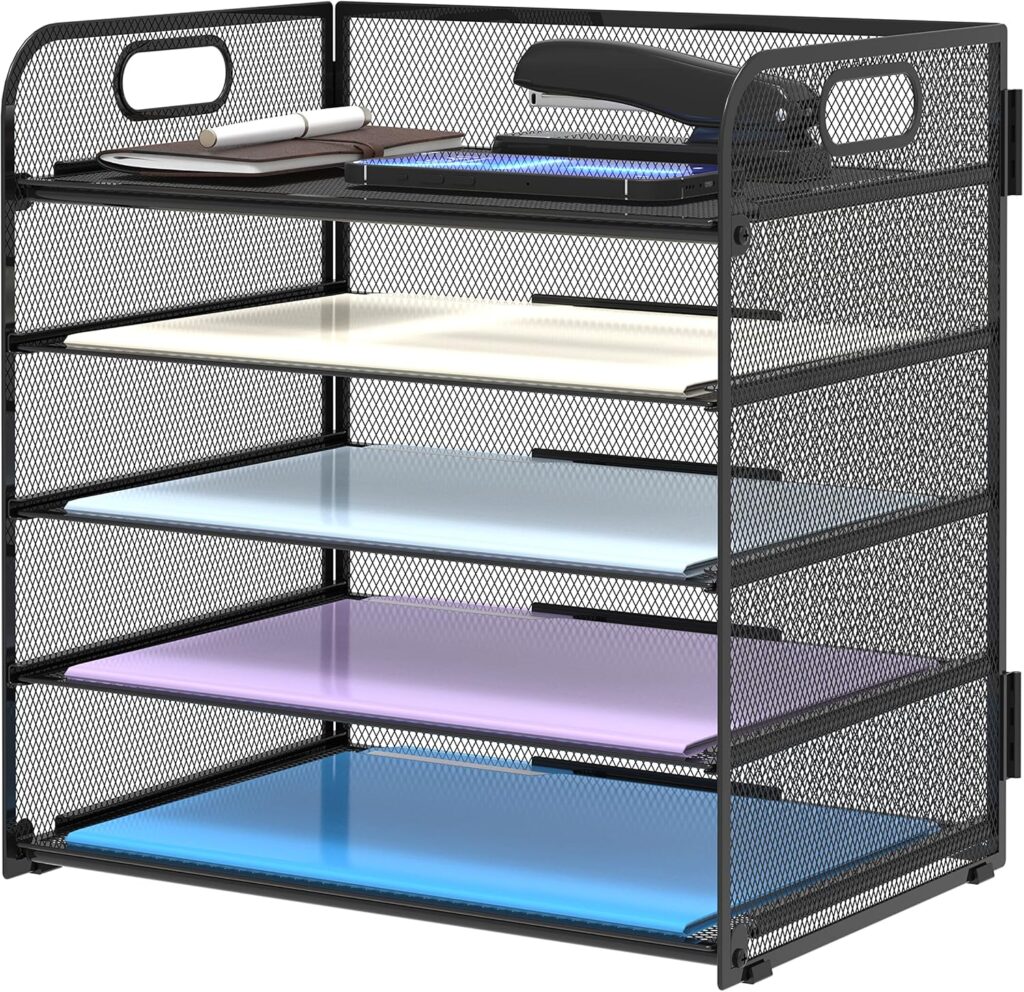Supeasy 5 Trays Paper Organizer Letter Tray with Handle-Mesh Desk File Organizer, Paper Sorter Desk Organizer for Office, Home or School